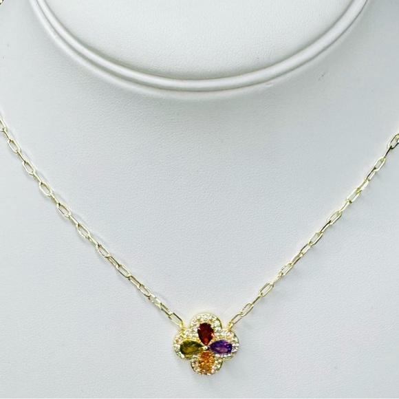 14K GP CZ Flowered Stone Pendant Paper Clip Chain - Picture 5 of 6